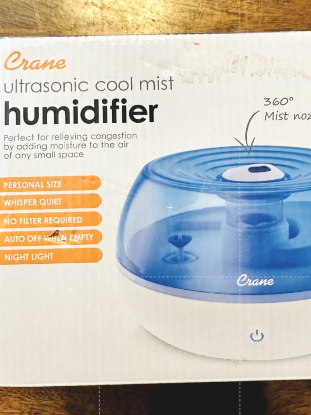 Crane Humidifier Ultrasonic Cool Mist Quiet No Filter Nightlight 360 Degree Mist
